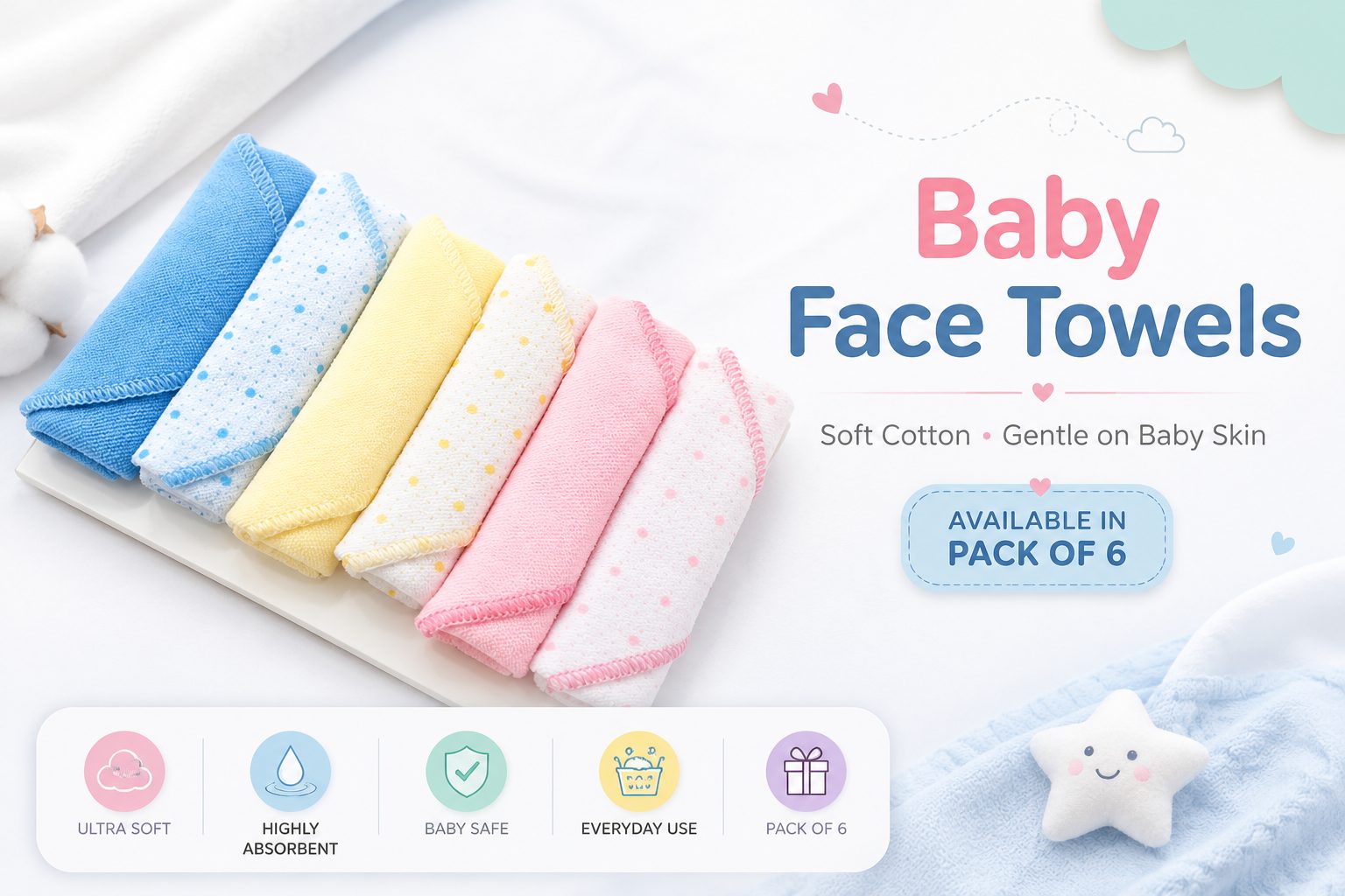 Soft cotton baby face towels — gentle on baby skin, pack of 6