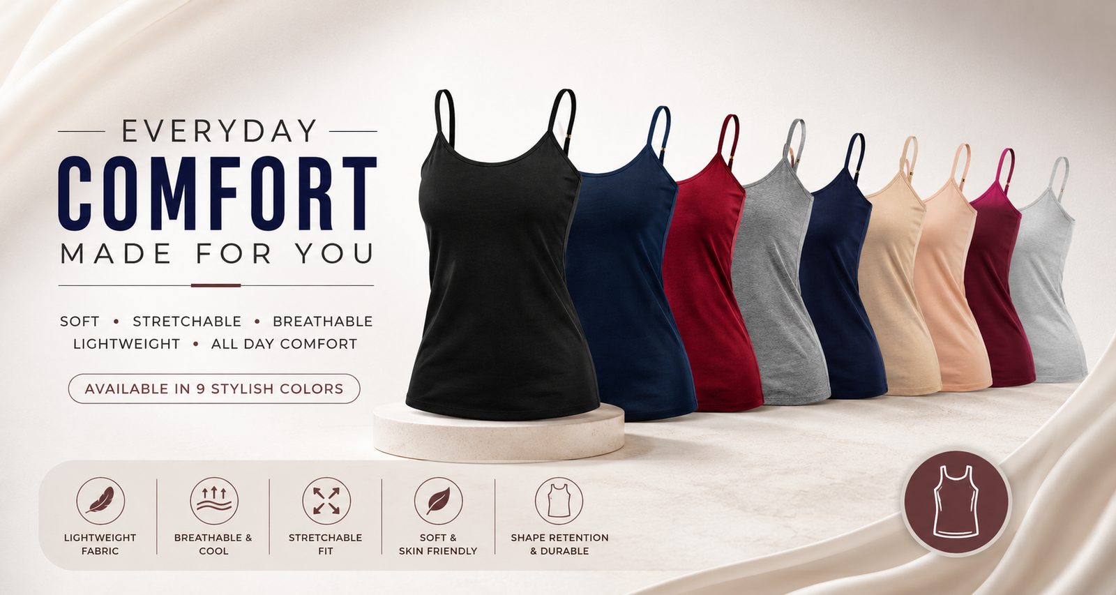 Everyday comfort camisoles for women — available in 9 stylish colors