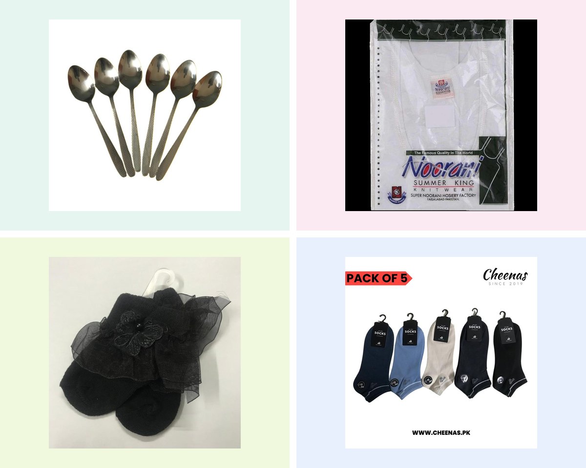 Cheenas products — kitchenware, cotton vests, socks and baby essentials
