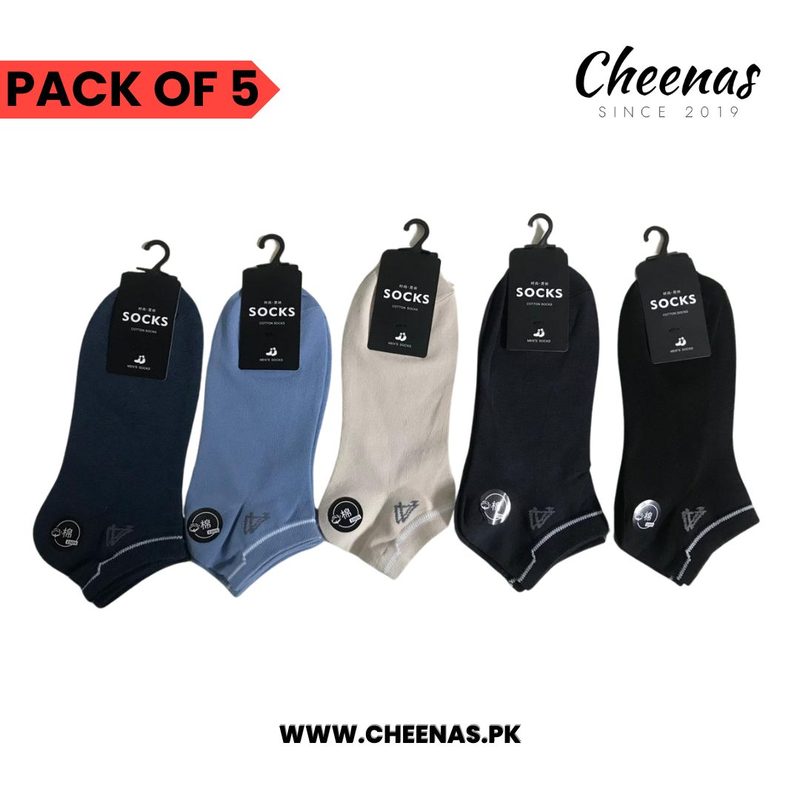 Cheenas: Premium Comfort Cotton Ankle Socks for Men - Pack of 5 Pairs - High-Quality, Breathable, Durable, and Stylish Socks in Navy Blue, Light Blue, Beige, Grey and Black - Perfect for Everyday Wear and Formal Attire