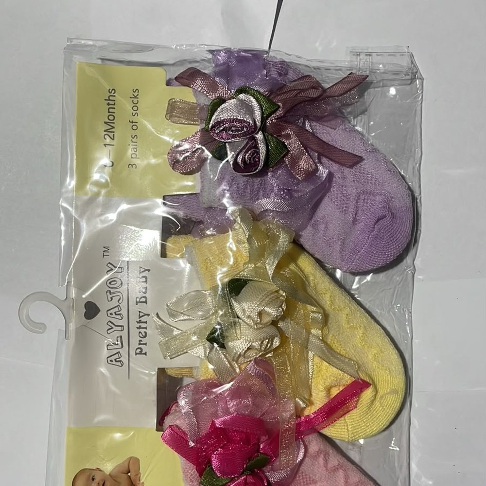 Pack of 3 Baby Frilly Socks for Girl - Cotton - Multicolour for New Born to 12 Months Babies thumbnail 2