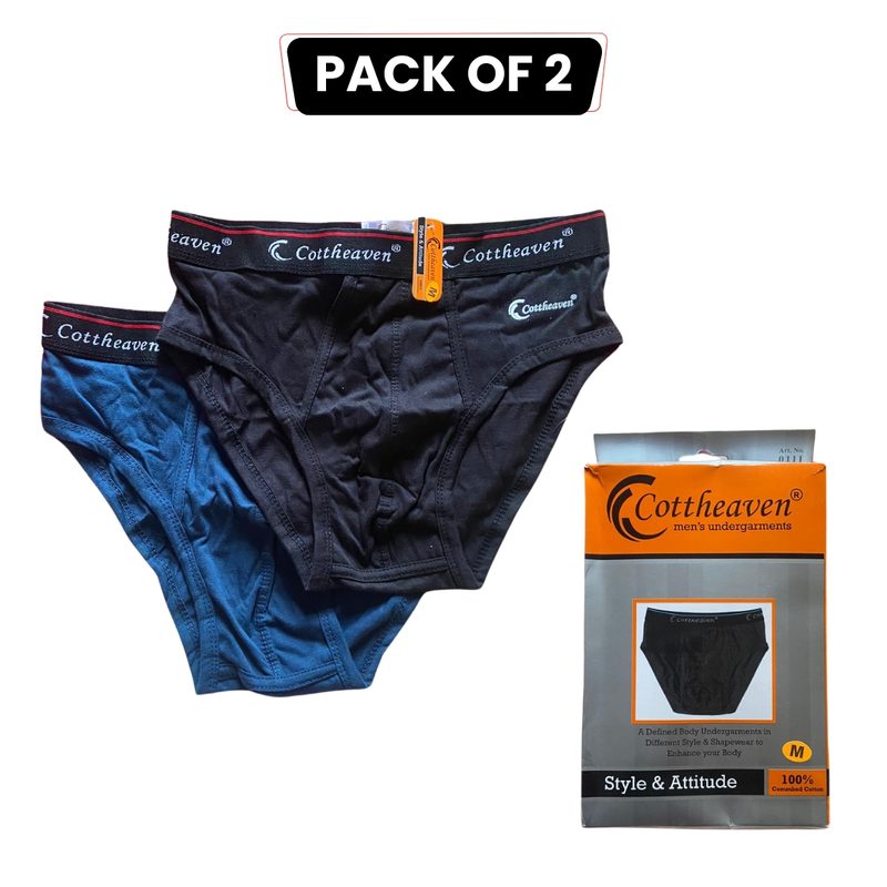 Pack of 2 Cottheaven Men's Cotton Briefs – Comfortable & Durable Underwear for Daily Wear – Medium Size – Black, Skin & Blue Colours - Y Front - Pee Hole view 2
