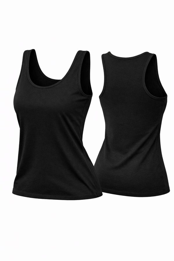 Women's Cotton Wide Strap Tank Top - Black - Soft Stretchable Inner Camisole Vest for Ladies